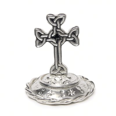 Celtic cross ring stand in solid pewter with knotwork cross on a domed rope-rim base, white background