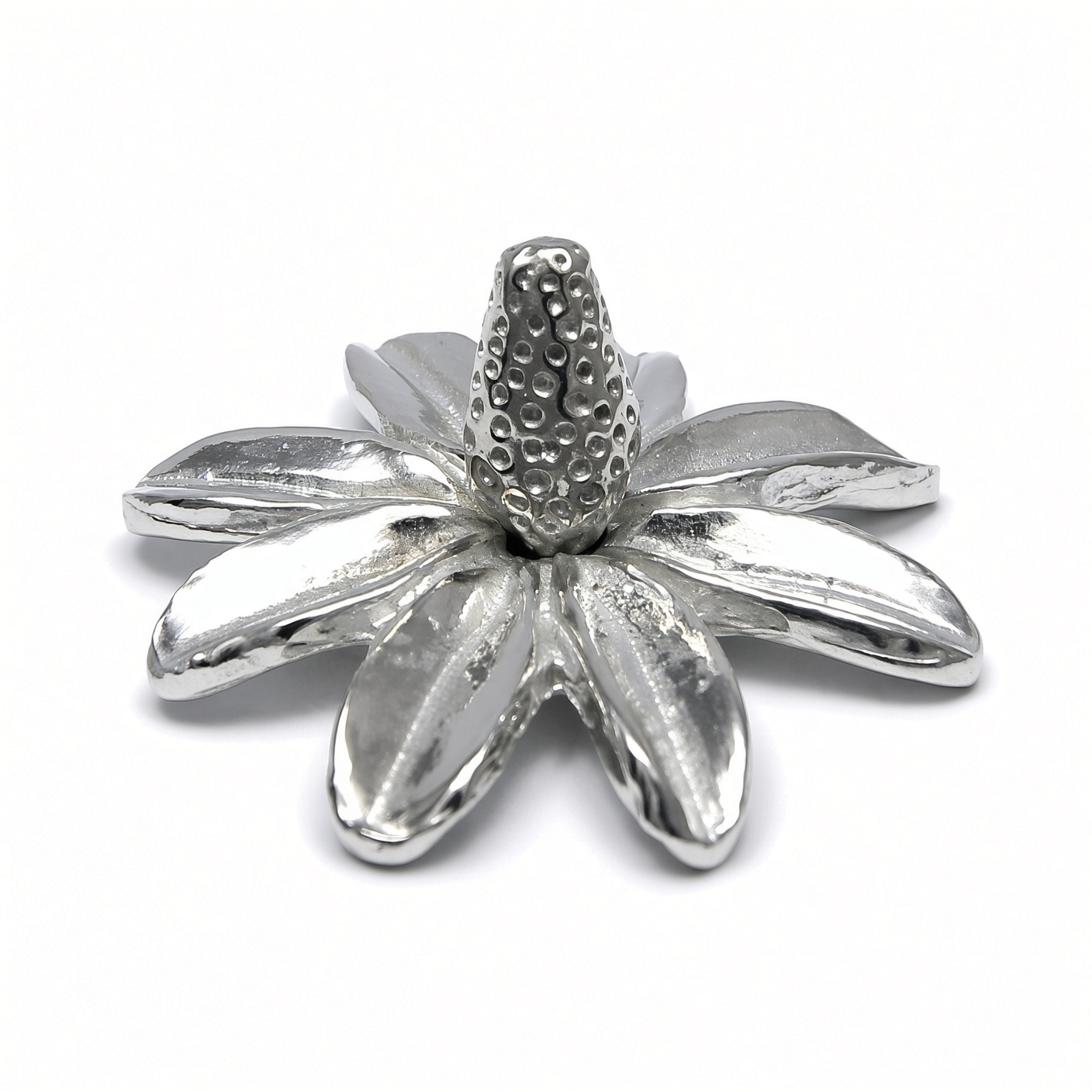 Daisy flower ring holder in solid pewter on a white background