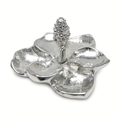 Magnolia flower ring holder in solid pewter on a white background