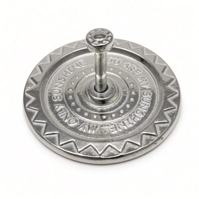 You Are My Sunshine ring holder in solid pewter with sun-ray border and sun-face post, white background