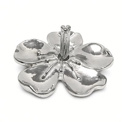 Cherry Blossom ring holder in solid pewter, a five-petal flower with a center ring post, on a white background