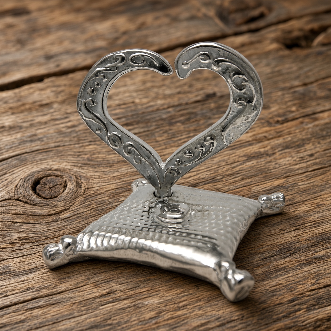 Pewter open heart ring holder on a wood surface