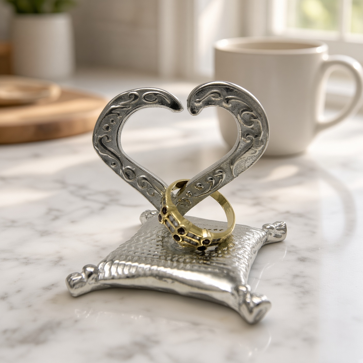 Pewter open heart ring holder holding a gold ring with dark stones on a marble kitchen counter beside a mug, ring not included