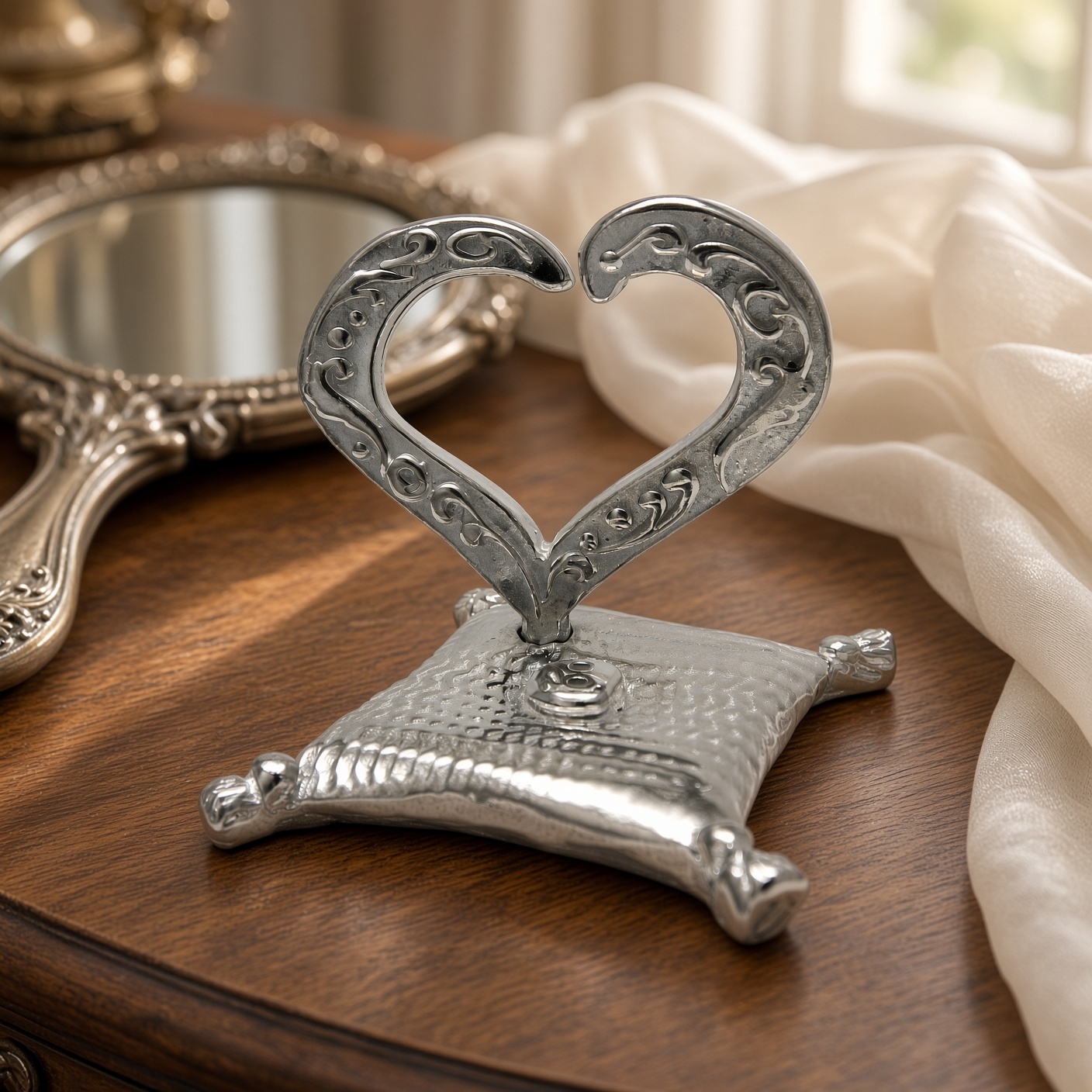 Pewter open heart ring holder on a vanity with a hand mirror and sheer fabric