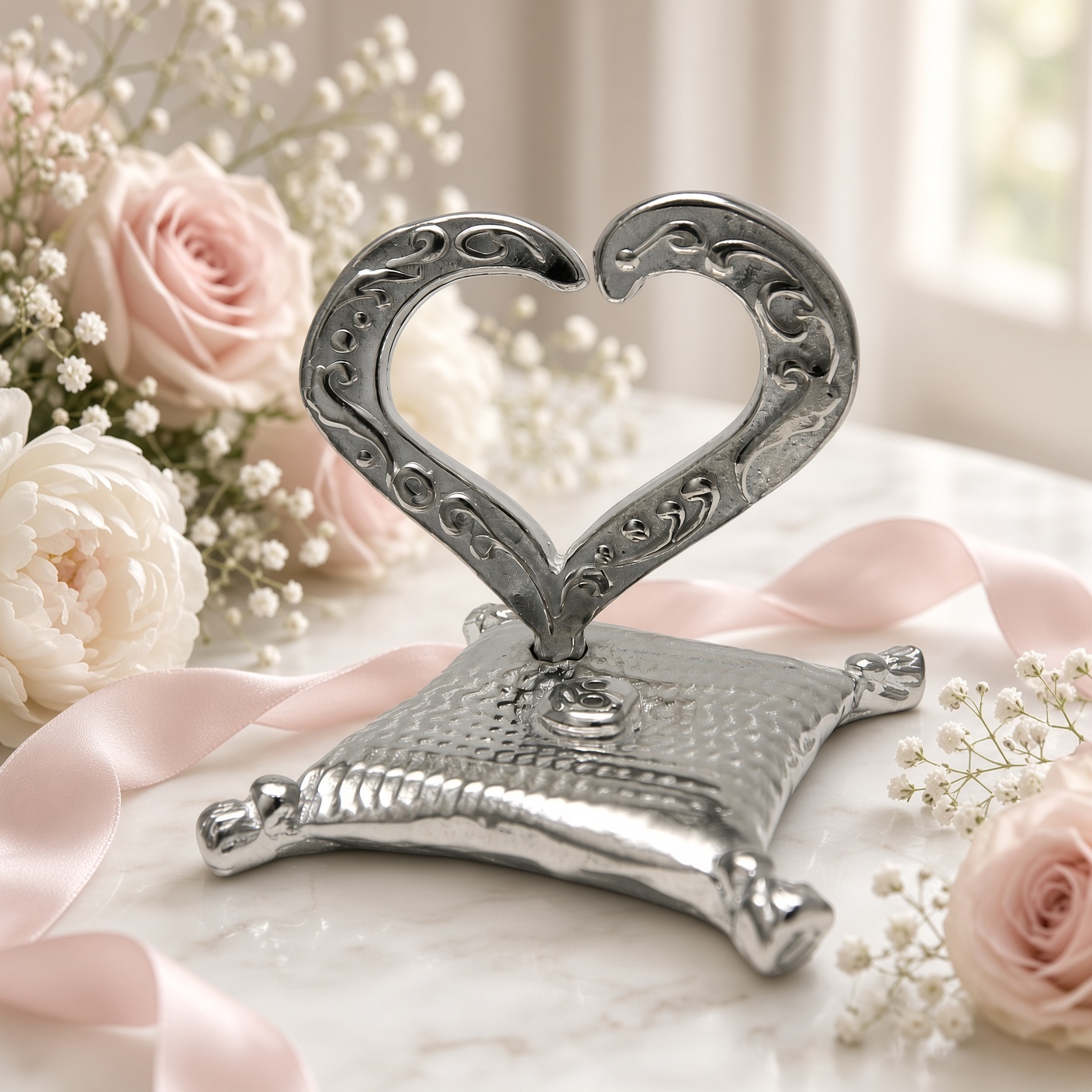 Pewter open heart ring holder on marble with roses, peonies, baby's breath and pink ribbon