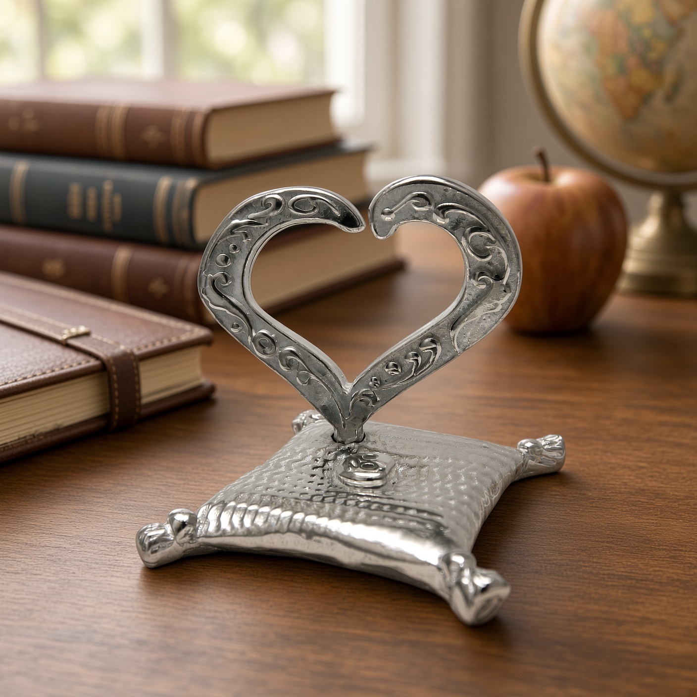 Pewter open heart ring holder on a desk with leather books, an apple and a globe