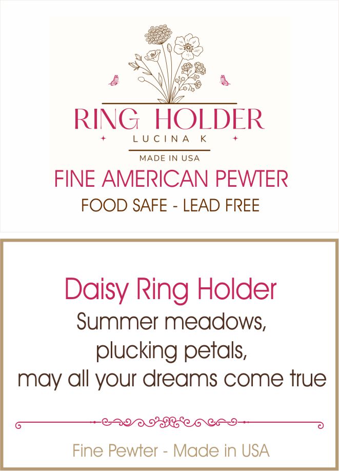 Daisy Ring Holder story card reading summer meadows, plucking petals, may all your dreams come true