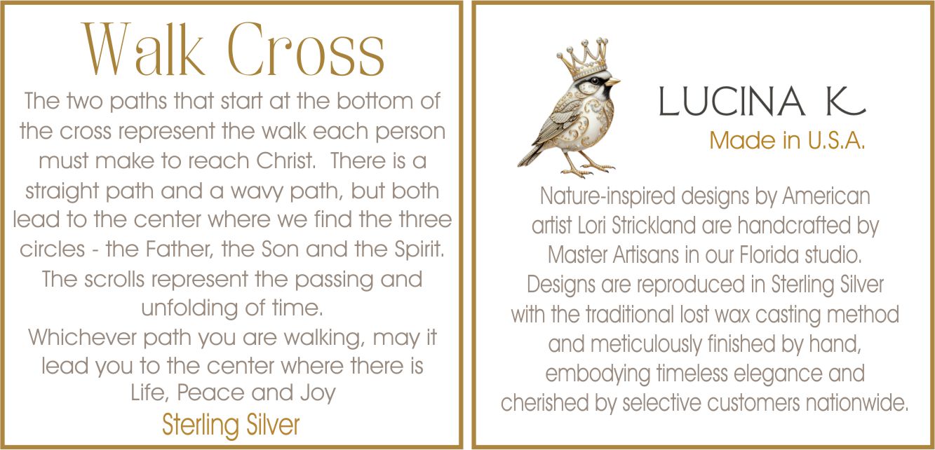 Walk Cross story card beside the Lucina K artist bio card, included with the sterling silver Walk to Emmaus cross necklace