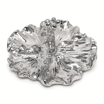 Hibiscus flower ring holder in solid pewter on a white background