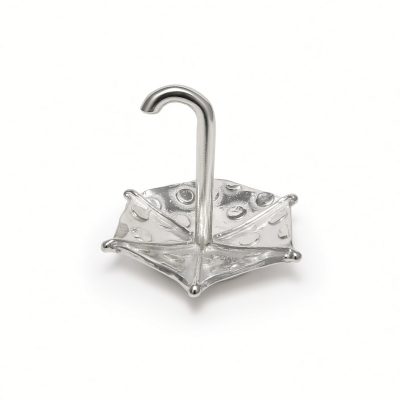 Umbrella ring holder in solid pewter, an upturned open umbrella with a hook handle, white background