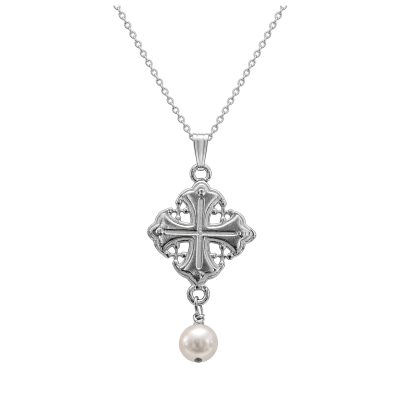 Sterling silver Byzantine cross necklace with a white freshwater pearl drop, white background
