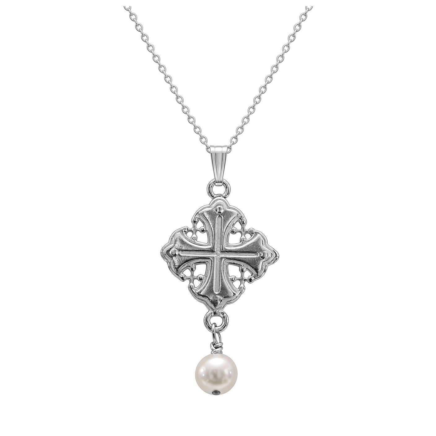 Sterling silver Byzantine cross necklace with a white freshwater pearl drop, white background