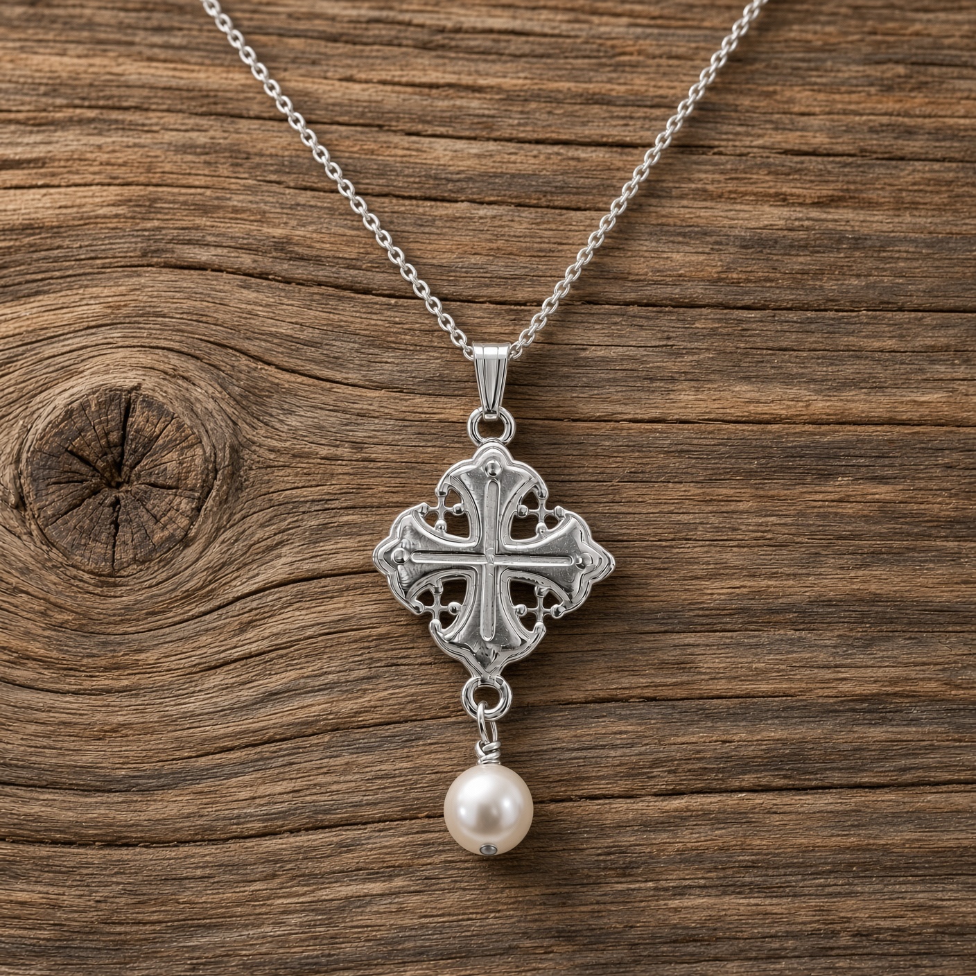 Sterling silver Byzantine cross with pearl dangle on rustic weathered wood