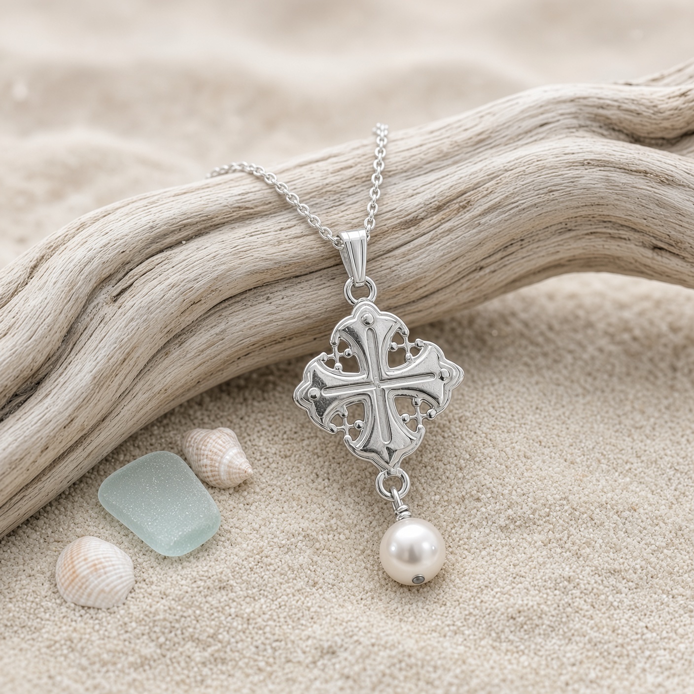 Sterling silver pearl cross necklace on driftwood at the beach with shells and sea glass