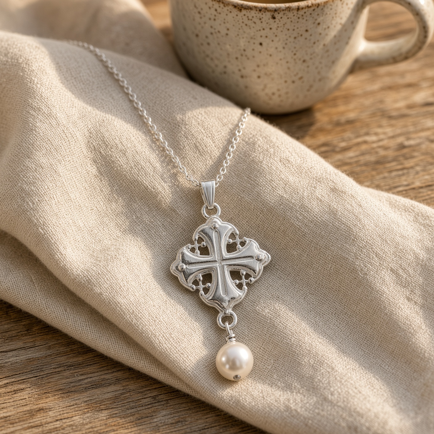 Sterling silver Byzantine cross necklace with pearl drop on cream linen beside a mug