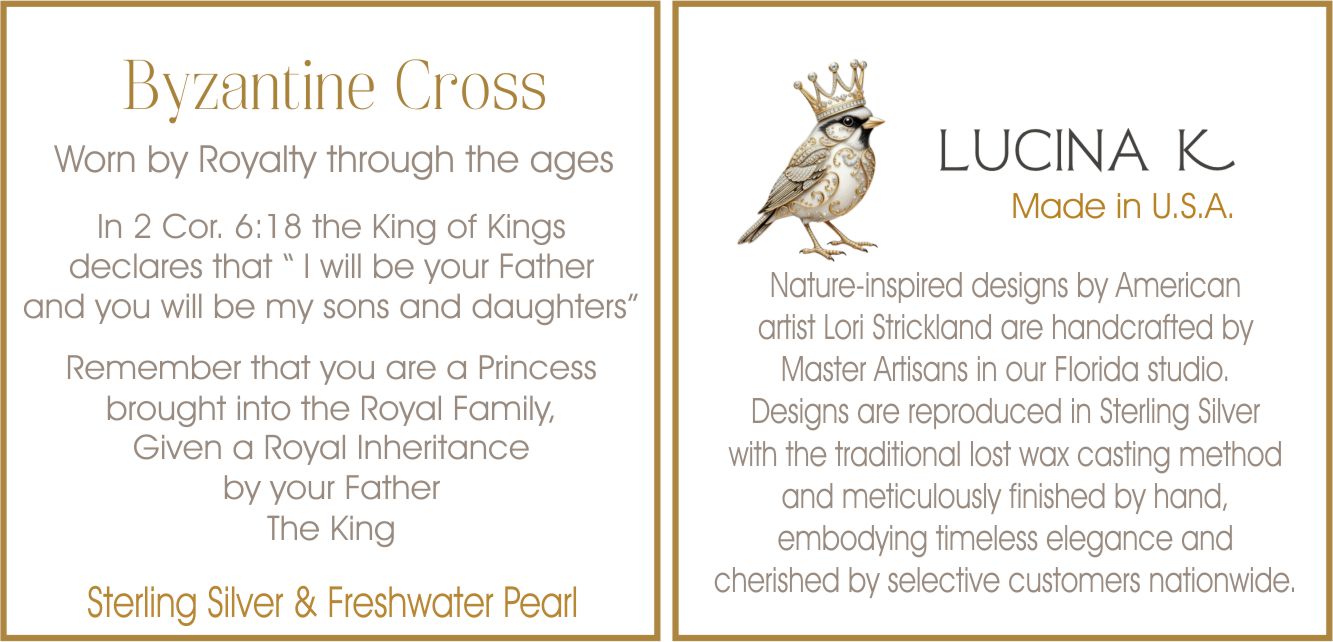Byzantine Cross story card and Lucina K artist bio card for the sterling silver and freshwater pearl necklace