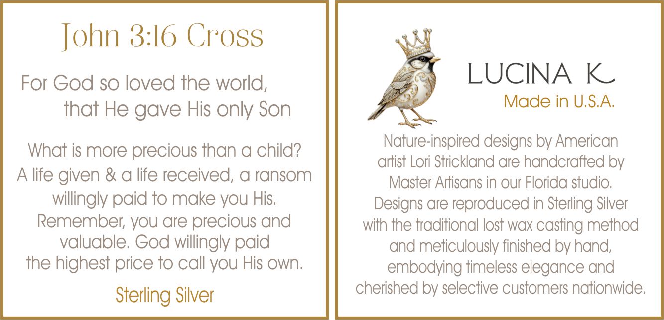 John 3:16 Cross story card beside the Lucina K artist bio card, included with the small sterling silver cross necklace
