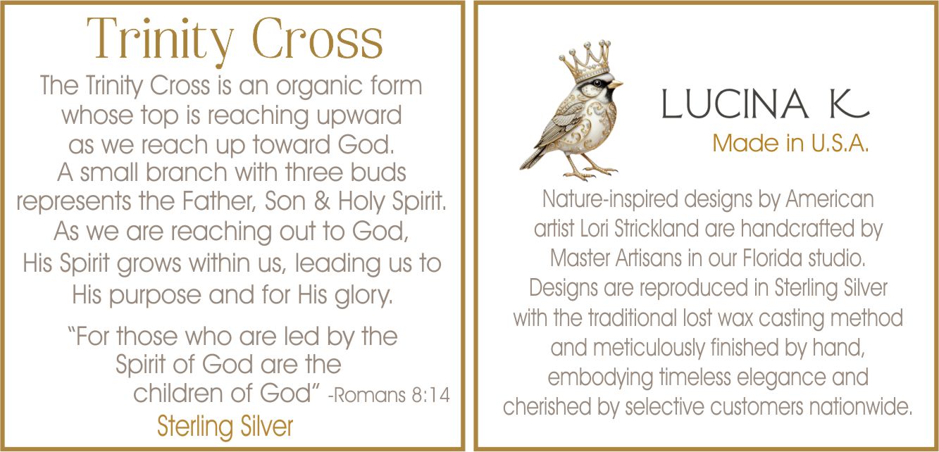 Trinity Cross story card with Romans 8:14 beside the Lucina K artist bio card, included with the sterling silver necklace