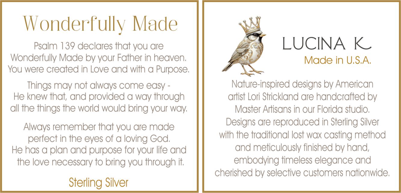 Wonderfully Made story card with Psalm 139 beside the Lucina K artist bio card, included with the sterling silver cross necklace