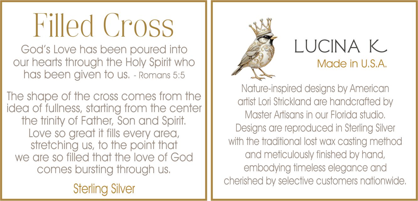 Filled Cross story card with Romans 5:5 beside the Lucina K artist bio card, included with the sterling silver necklace