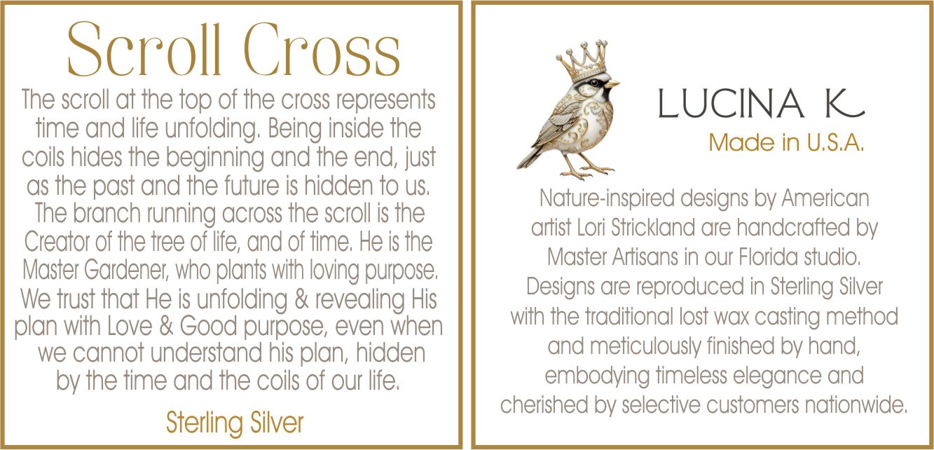 Scroll Cross story card beside the Lucina K artist bio card, included with the sterling silver necklace