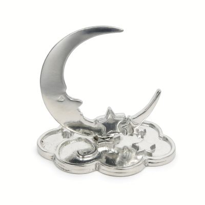 Moon and stars ring holder in solid pewter, a crescent moon with a face on a cloud dish, white background