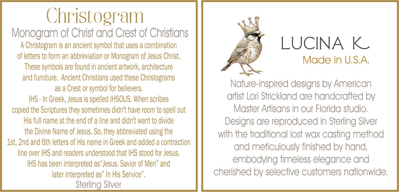 Christogram IHS story card beside the Lucina K artist bio card, included with the sterling silver IHS cross necklace