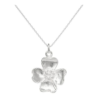 Sterling silver Dogwood flower necklace on a white background