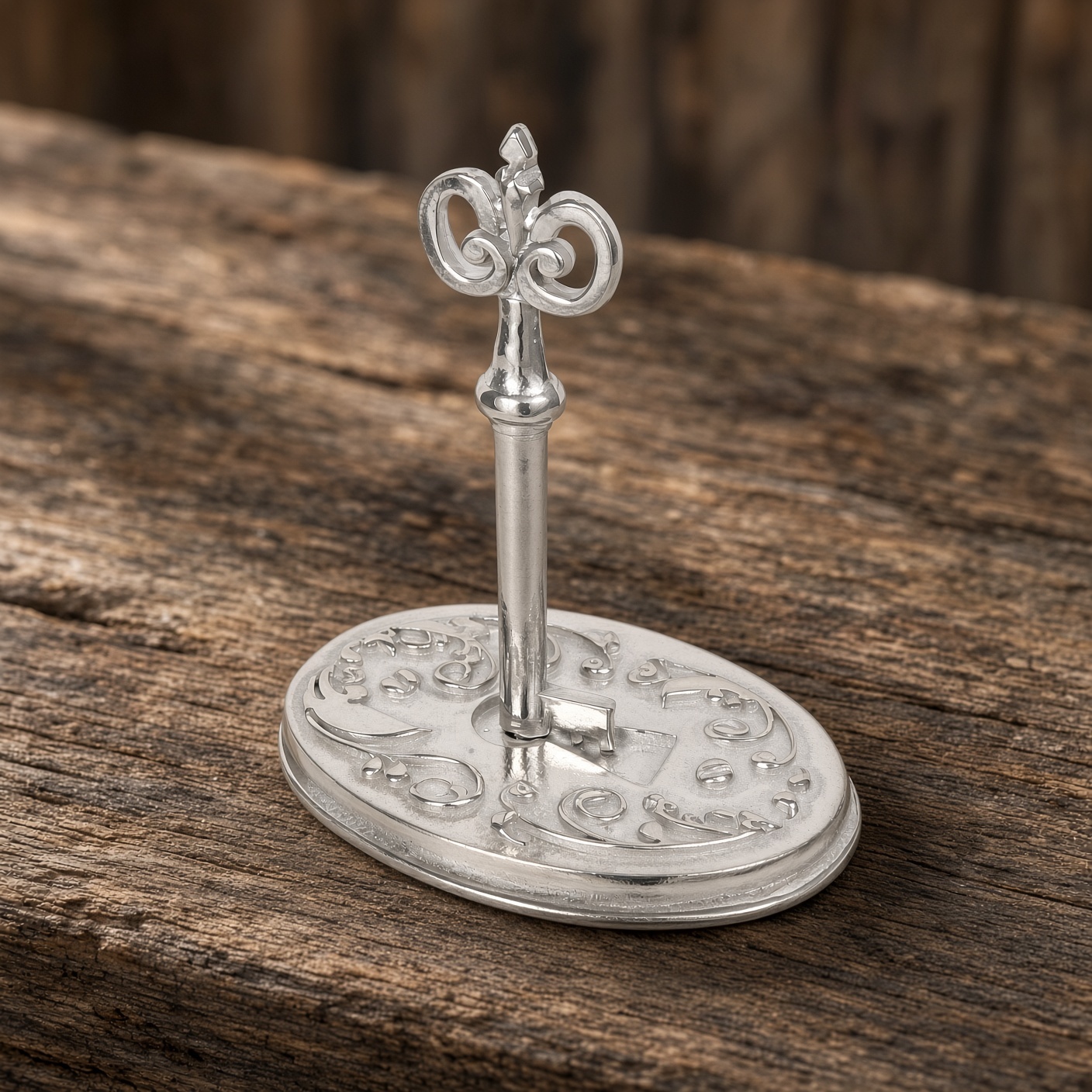 Pewter Victorian key ring holder on weathered wood