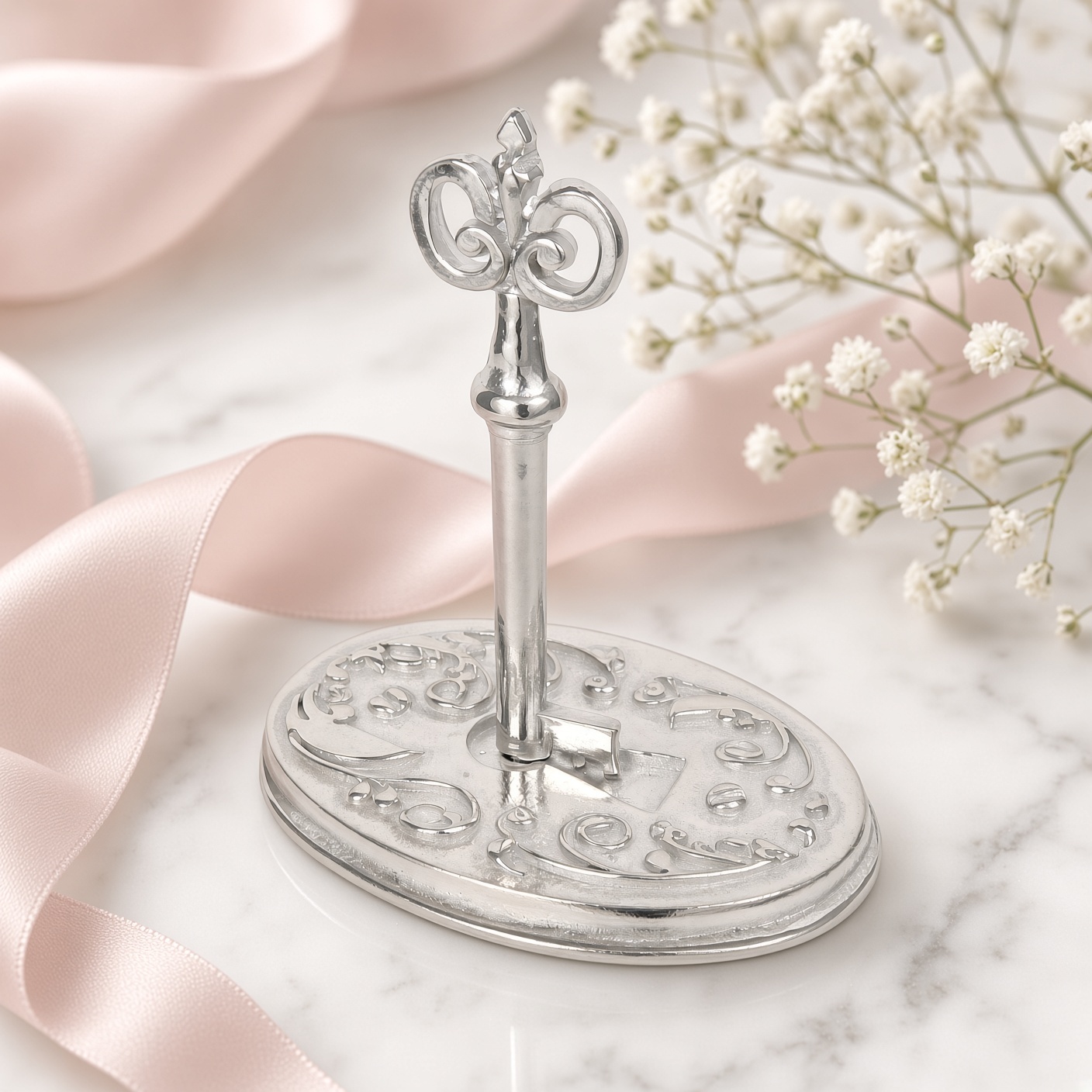 Pewter Victorian key ring holder on white satin with baby's breath