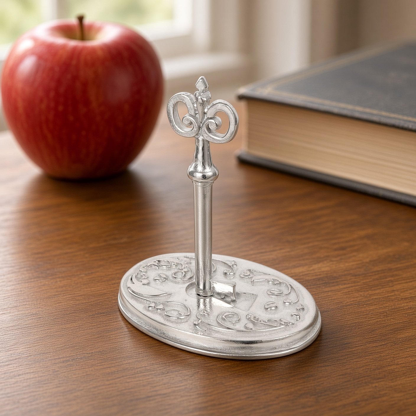 Pewter Victorian key ring holder on a desk with a red apple and a book