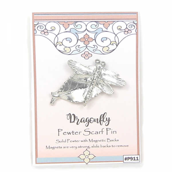 Dragonfly on Leaf Magnetic Scarf Pin Pewter