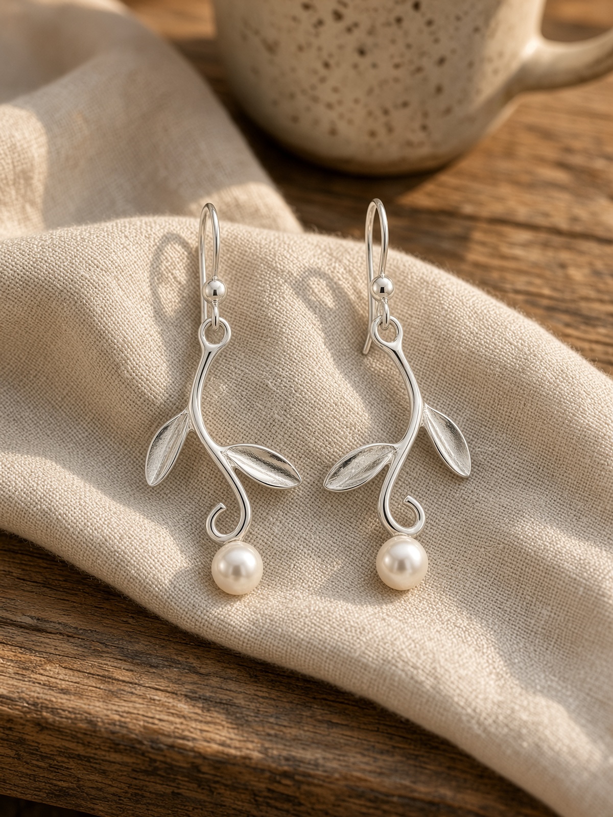 Sterling Silver Vine earrings with freshwater pearl