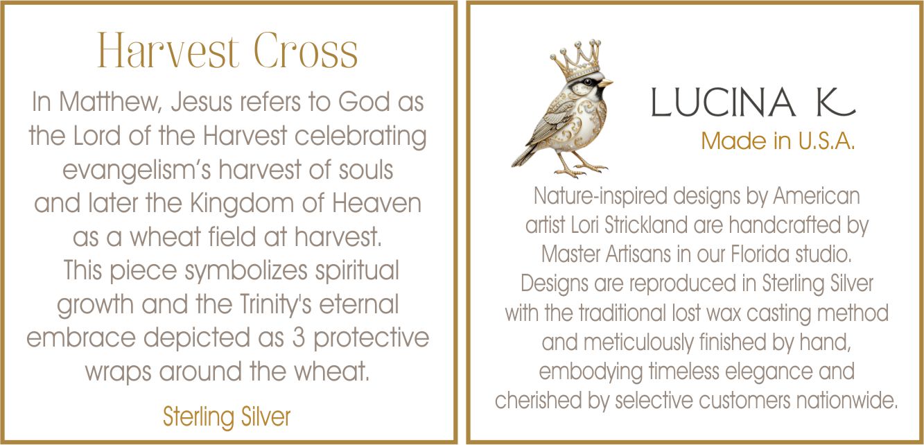 Harvest Cross story card beside the Lucina K artist bio card, included with the sterling silver necklace