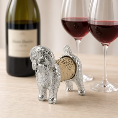 Lucina K Bichon Cork Pet, a solid pewter fluffy curly-coated Bichon Frise holding a wine cork, beside a wine bottle and two glasses of red wine