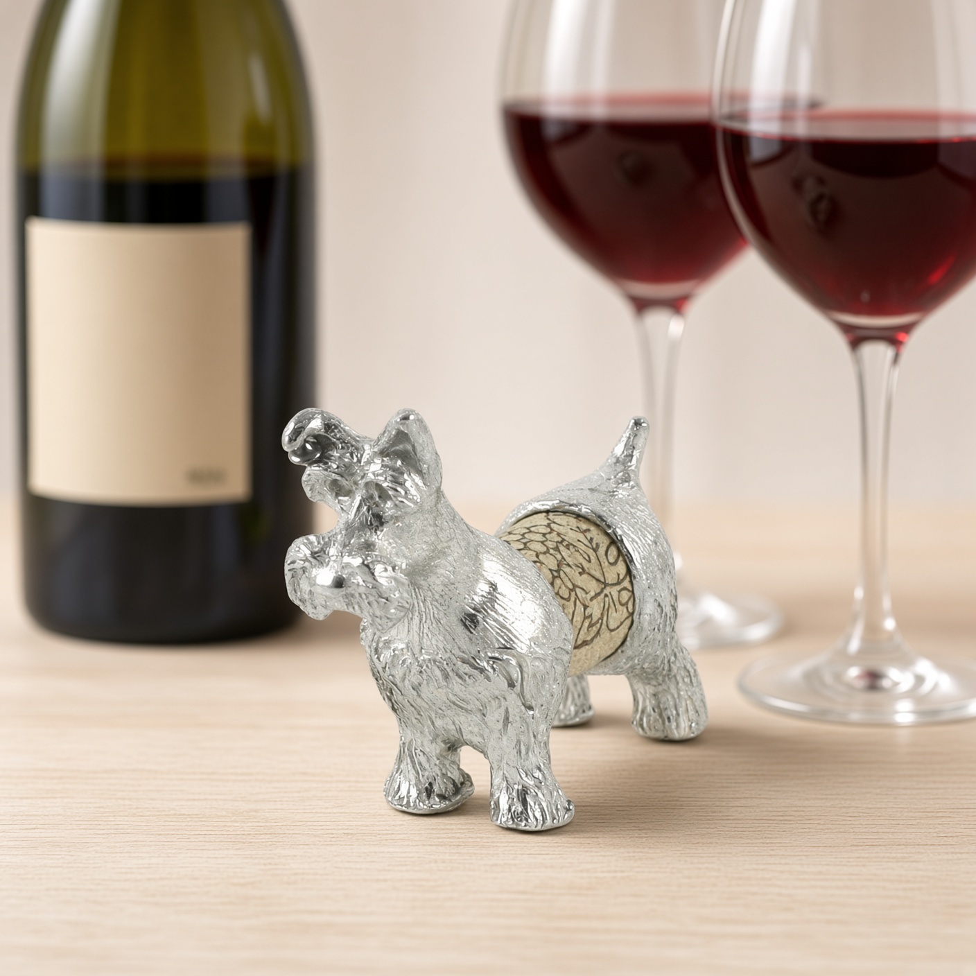 Lucina K Schnauzer Cork Pet, a solid pewter Schnauzer with a bearded muzzle and upright tail holding a wine cork, beside a wine bottle and two glasses of red wine
