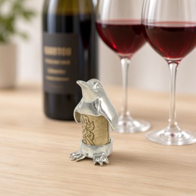 Lucina K Penguin Cork Pet, a solid pewter upright penguin holding a wine cork, beside a wine bottle and two glasses of red wine