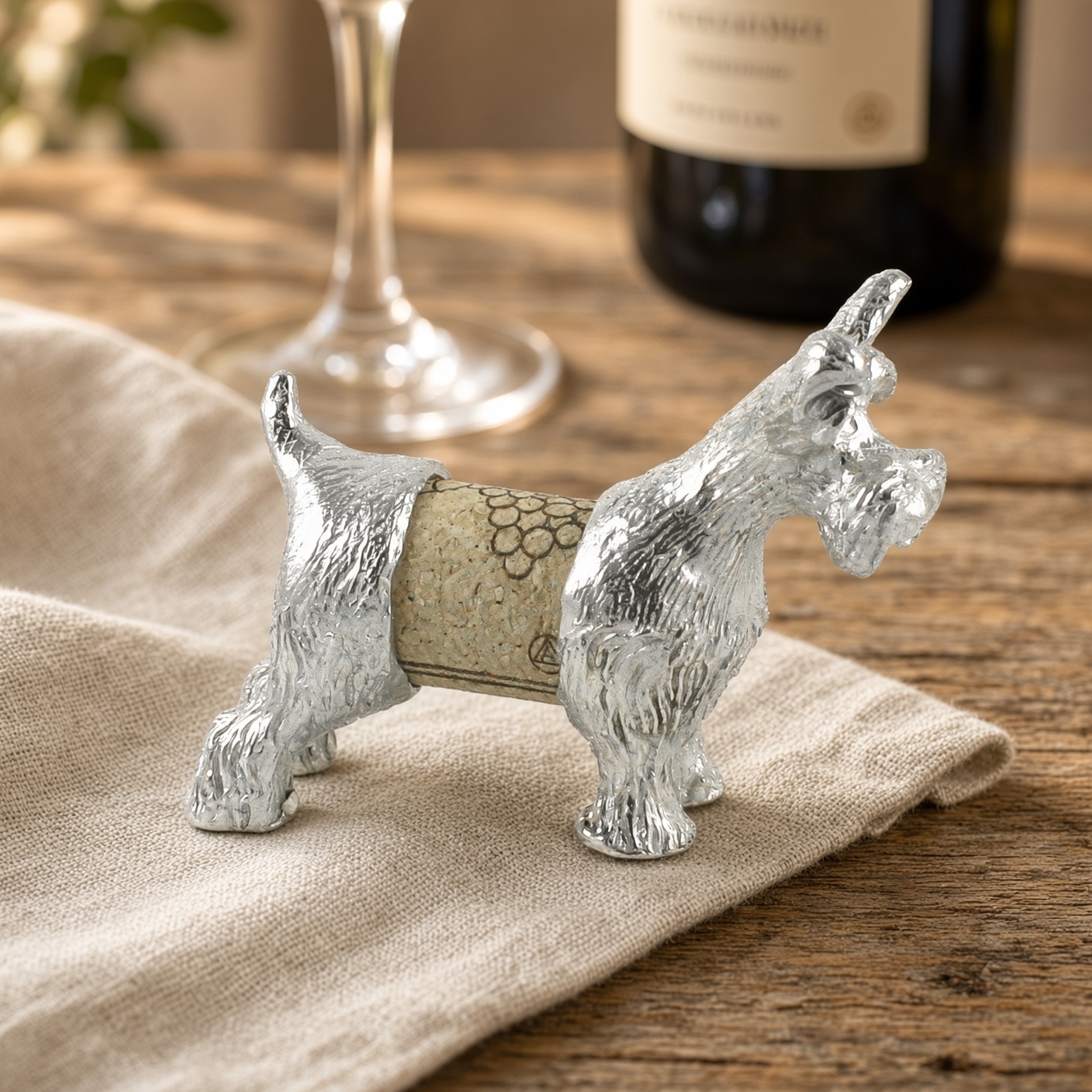 Schnauzer Cork Pet in solid pewter on a cream linen runner on a rustic wooden table with wine