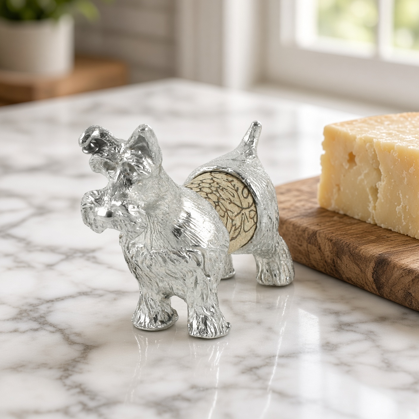 Schnauzer Cork Pet in solid pewter on a white marble counter beside a wedge of cheese on a wooden board