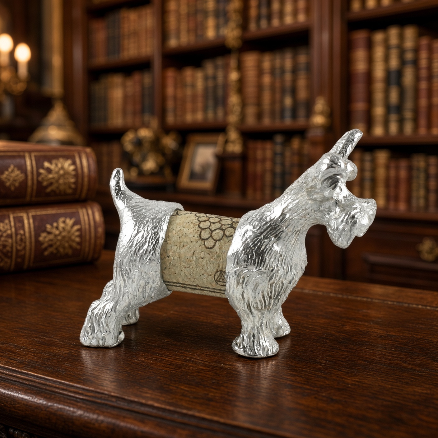 Schnauzer Cork Pet in solid pewter on a dark wood table in a library with bookshelves and a glowing fireplace