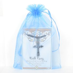 walk cross necklace pictured in sheer organza gift bag