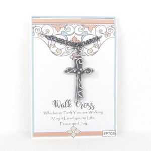 antique walk cross necklace pictured on story card packaging