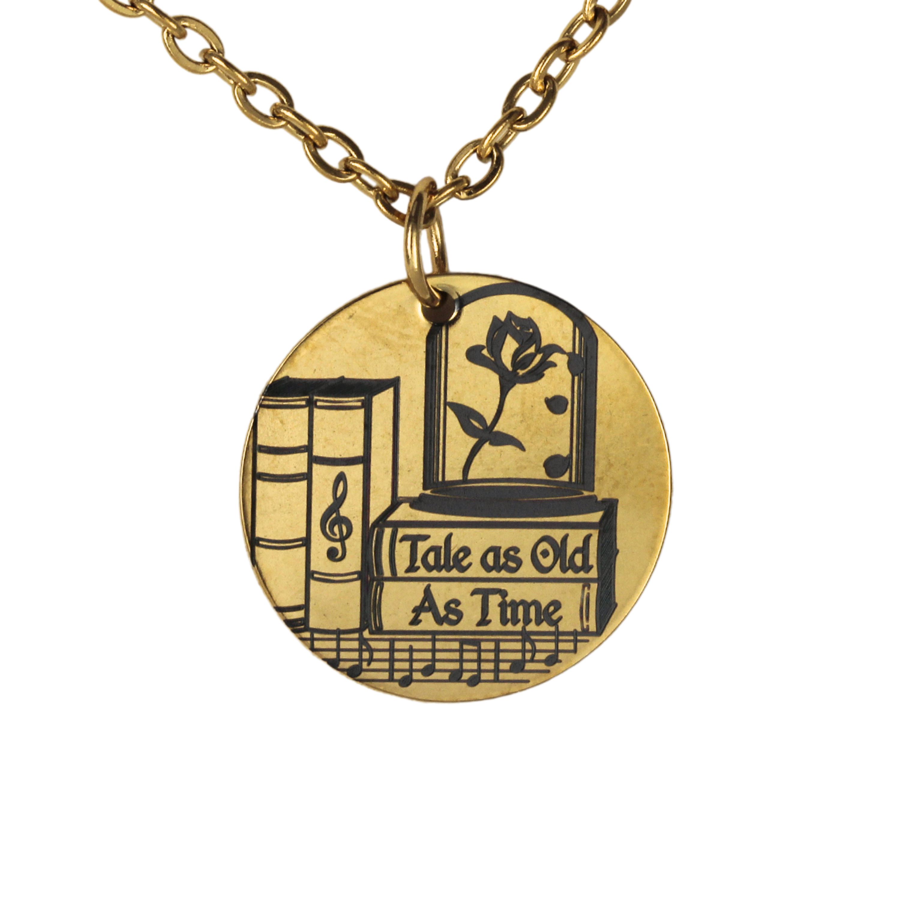 Beauty and the Beast necklace with virtual engraving. Gold plated coin style necklace with black laser engraved design of books on shelf, music notes and a rose in a glass jar.