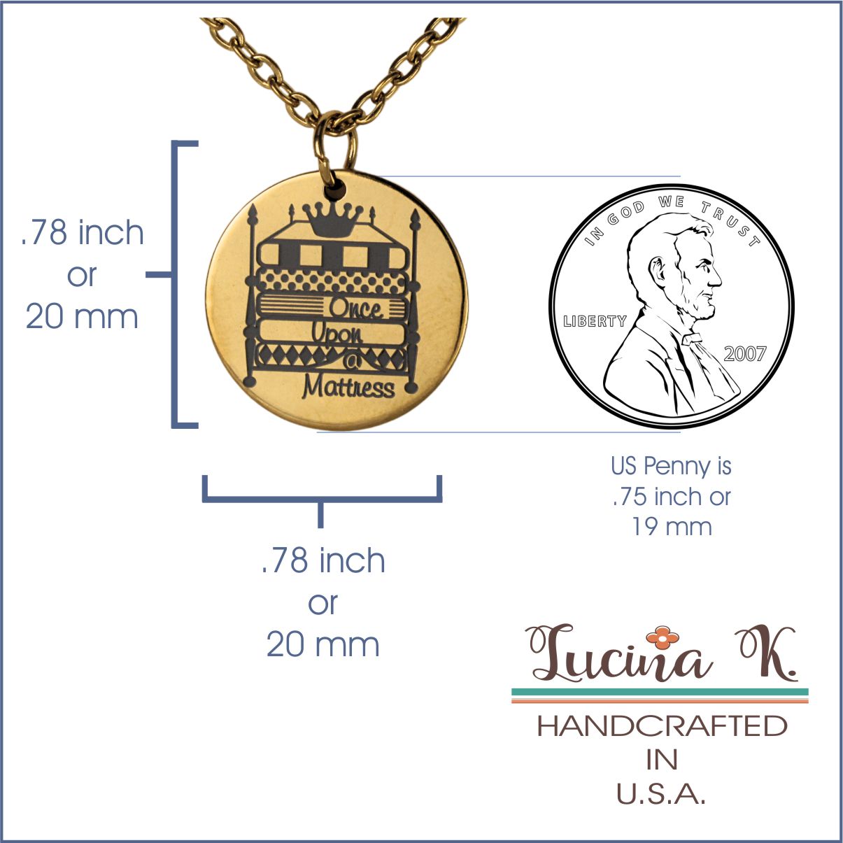 Once Upon a Mattress inspired necklace by Lucina K. Coin style Necklace gold plated stainless steel with black laser engraved design