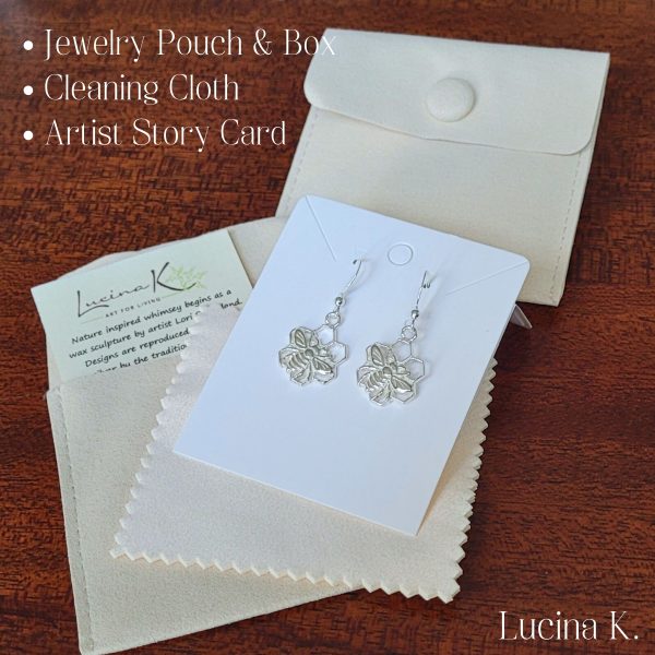 Sterling Silver Bee Honeycomb Flower Earrings, Bee Lover Gift - Handcrafted in USA with Story Card and Gift Packaging