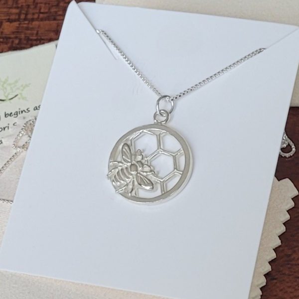 Sterling Silver Bee Honeycomb Necklace, Bee Lover Gift - Handcrafted in USA with Story Card and Gift Packaging