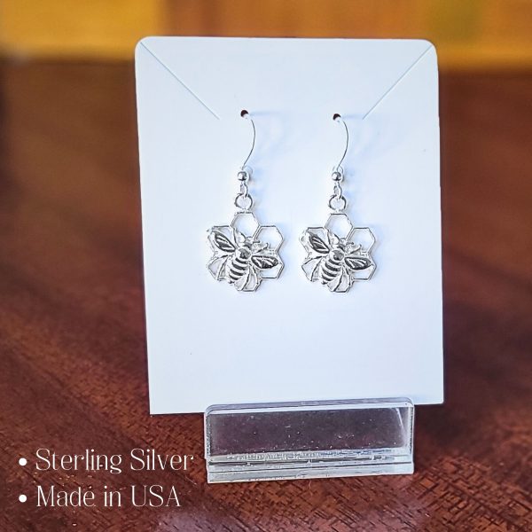 Sterling Silver Bee Honeycomb Flower Earrings, Bee Lover Gift - Handcrafted in USA with Story Card and Gift Packaging