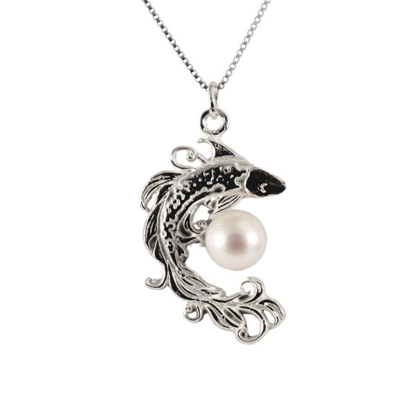 Lucky Fish Necklace with Pearl - Sterling Silver