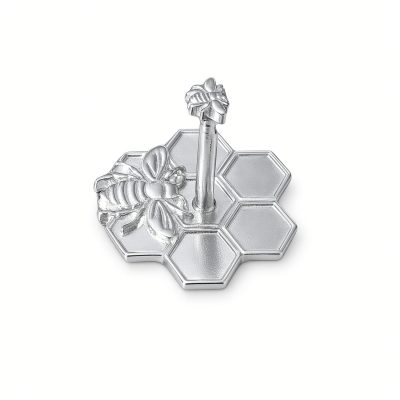 Honey bee ring holder in solid pewter, a honeycomb base with a raised bee and center post, white background
