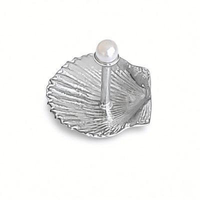 Pearl and shell ring holder in solid pewter, a scallop shell base with a faux pearl-topped post, white background